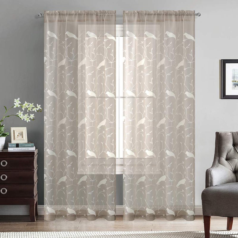 VOGOL Sheer Curtains 84 Inches Long, White Bird Embroidered Taupe Sheer Curtains Window Treatments for Living Room/Ding Room, Rod Pocket, W54 X L84, 2 Panels - Image 2